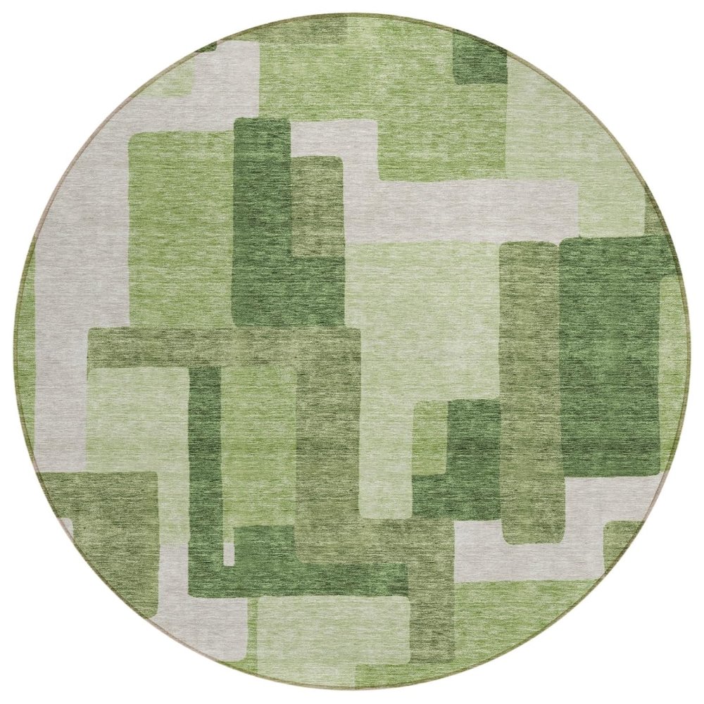 HomeRoots 584142 8 ft. Round Abstract Washable Indoor & Outdoor Area Rug Artichoke Green & Ivory