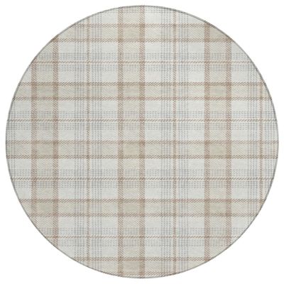 HomeRoots 601328 8 ft. Linen & Brown Round Plaid Washable Indoor & Outdoor Area Rug