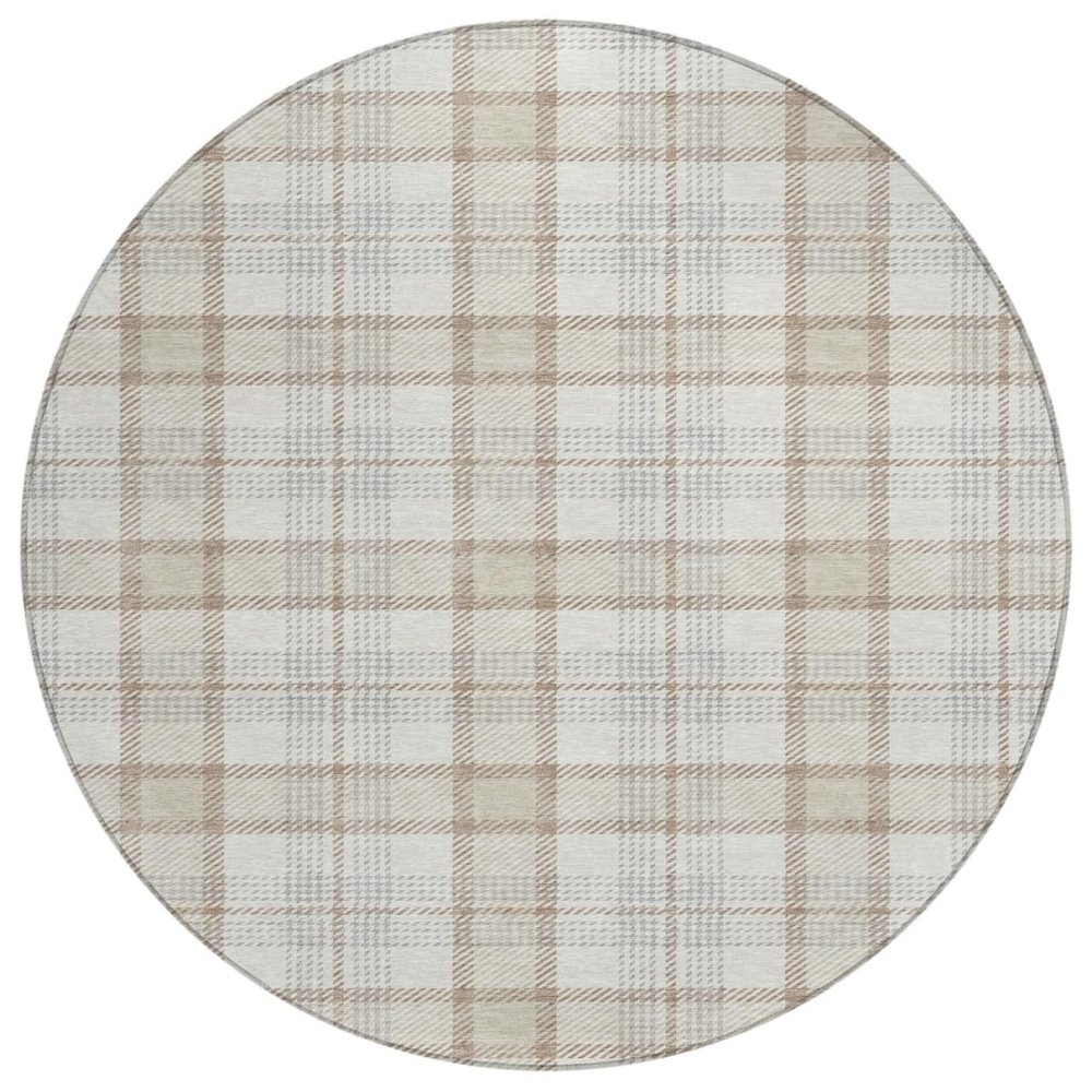 HomeRoots 601328 8 ft. Linen & Brown Round Plaid Washable Indoor & Outdoor Area Rug
