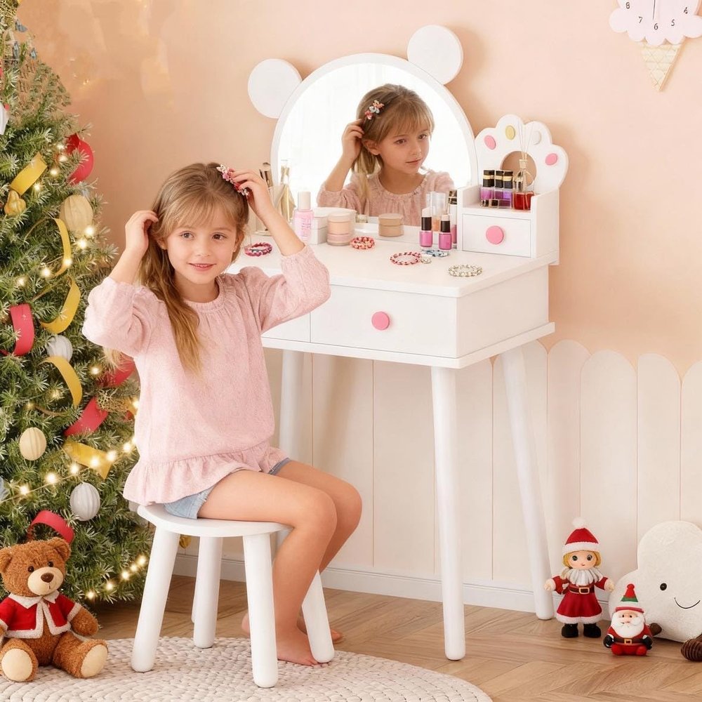 Garvee Toddler Vanity Set with Lights,Bear-Shaped Make Up Vanity Desk with Mirror&Stool,Wooden Princess Toddler Make Up Table Set for Bedroom,Pretend Play Vanity Sets for Little Girls(White)