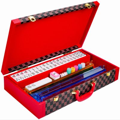 American Mahjong Set 166 Tiles, Complete Mahjong Game Kit with Portable Leather Suitcase, 4 Racks, 2 Storage Trays, Dice, Wind Indicator, Chips, Full Mahjong Accessories for Family Party Travel