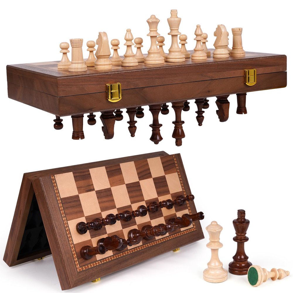 15 Inch Magnetic Chess Set with Wooden Folding Board, Staunton Chess Pieces, 2 Extra Queens Included, Portable Travel Chess Set, Classic Strategy Board Game for Kids & Adults (Walnut)