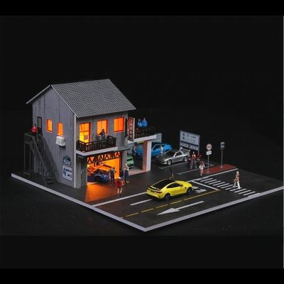 1/64 Diorama Car Garage Model, LED Lighting Parking Lot Scene Display Case, for 1:64 Diecast Model Cars Display, Car Display Cabinet, Building Garage Diorama (Japanese Repair Shop)