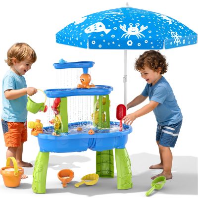 Wee Wonders 3-Tier Water Table for Toddlers, Kids Sand Water Table with Adjustable Umbrella, Sand Toys & Fishing Game, Sensory Table Activity Playset for Outdoor Beach, Summer Toys for Boys Girls 3-5