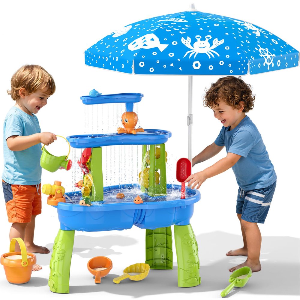 Wee Wonders 3-Tier Water Table for Toddlers, Kids Sand Water Table with Adjustable Umbrella, Sand Toys & Fishing Game, Sensory Table Activity Playset for Outdoor Beach, Summer Toys for Boys Girls 3-5