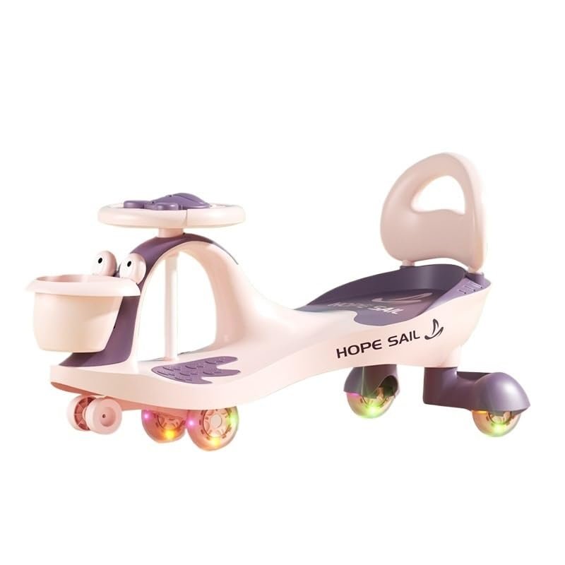 Wiggle Scooter Swing Car with Storage Basket Flashing Wheels & Music Wiggle Cars Ride On Toy for Kids Boys Girls(Pink)