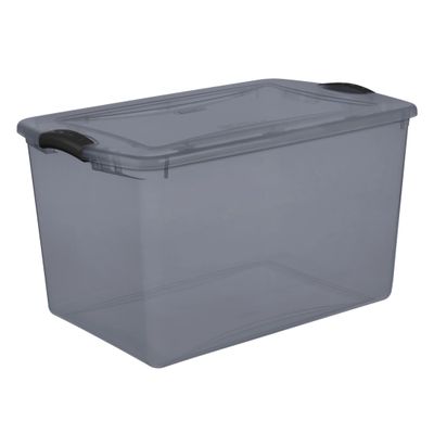 66 Quart Latch Box - Clear Plastic Storage Bin with Clear Lid, Gray Flannel Tint, Stackable Organizer for Home, Closet, Garage, Bedroom