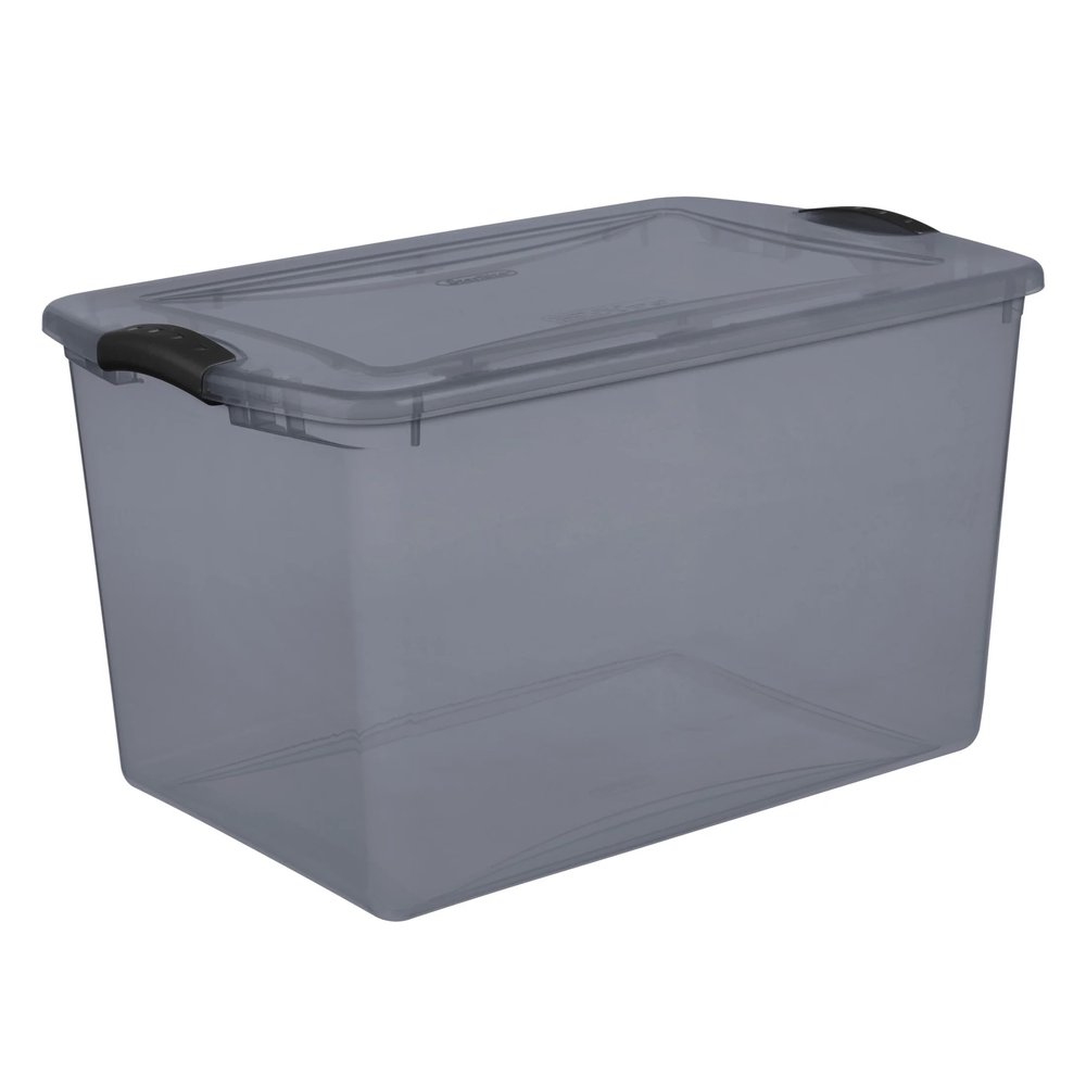 66 Quart Latch Box - Clear Plastic Storage Bin with Clear Lid, Gray Flannel Tint, Stackable Organizer for Home, Closet, Garage, Bedroom