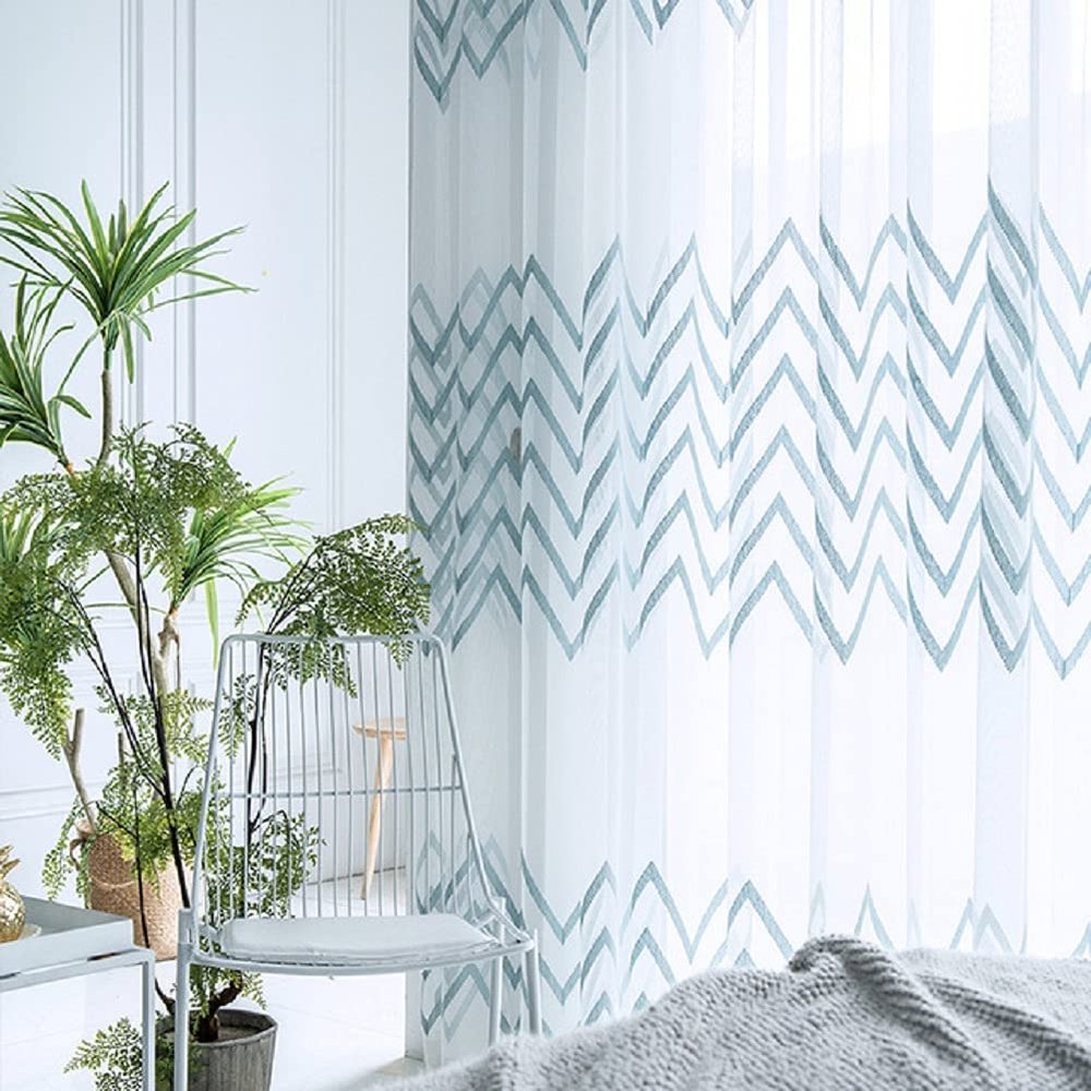 HooHero Blue Nordic Elegant Design Sheer Curtains Window Treatments Rod Pocket Top for Kids Nursery Room Zig Zag Embroidery