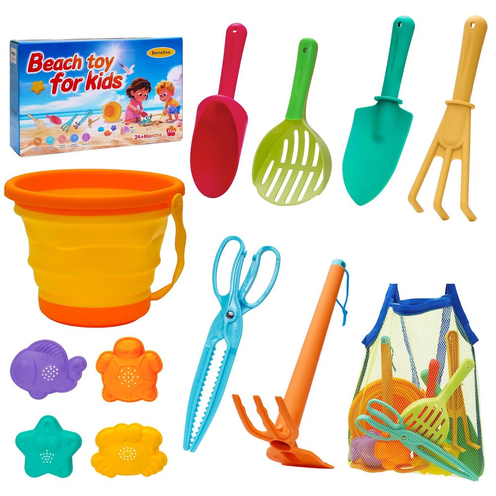 BeneFine Beach Toy Set for Kids Sand Toys Summer Outdoor Play with Mesh Bag-Includes Collapsible Bucket, Mesh Shovel, Sand Shovel,Scissors Pliers,Rake Mold Kit