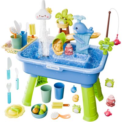 Toddler Water Table for 1-3 Year Old - Upgraded Electric Pump Water Toys, Outdoor Sensory Play Sand & Water Table, Kitchen Sink Toy with Running Water & Fishing Game, Summer Gifts for Boys Girls,Blue