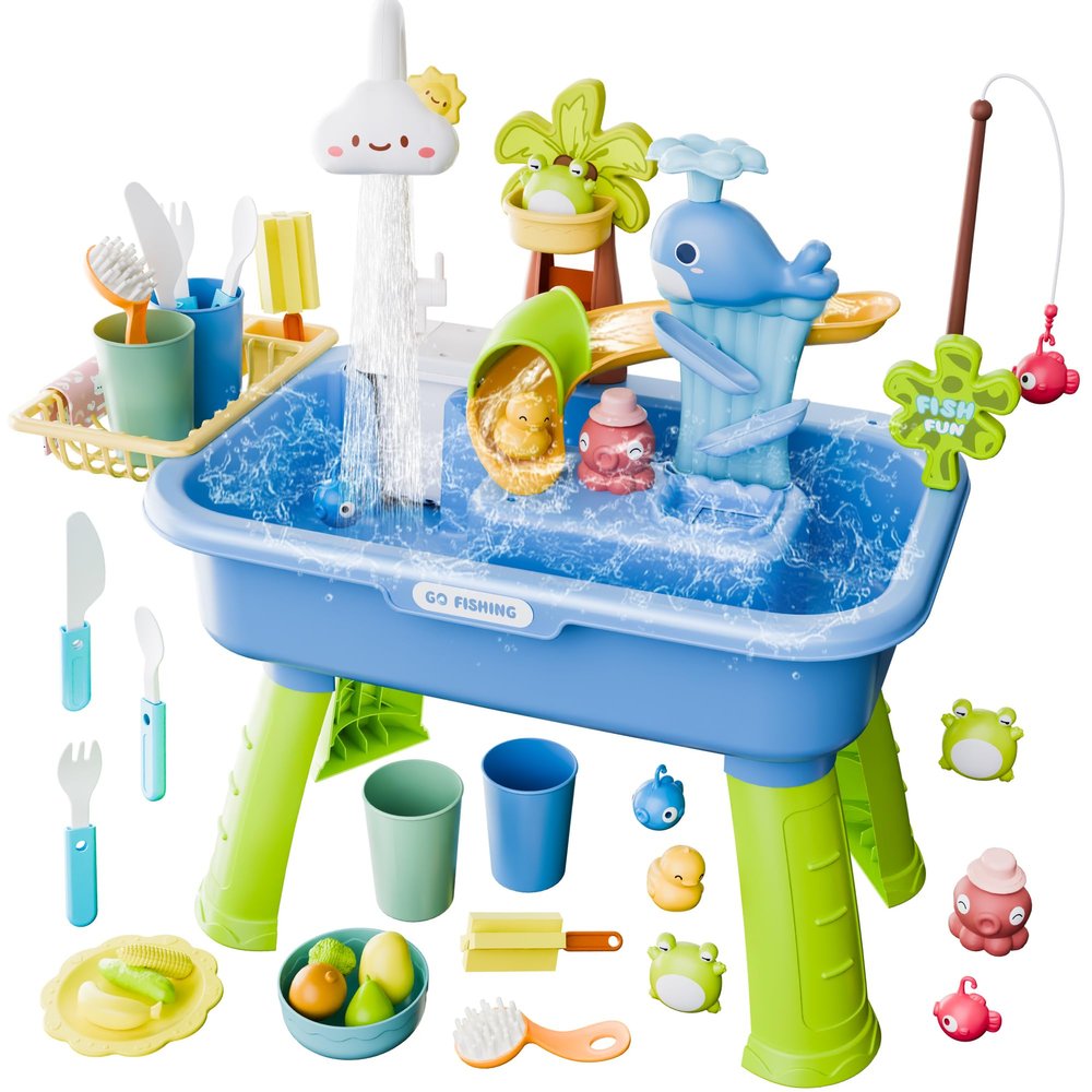 Toddler Water Table for 1-3 Year Old - Upgraded Electric Pump Water Toys, Outdoor Sensory Play Sand & Water Table, Kitchen Sink Toy with Running Water & Fishing Game, Summer Gifts for Boys Girls,Blue