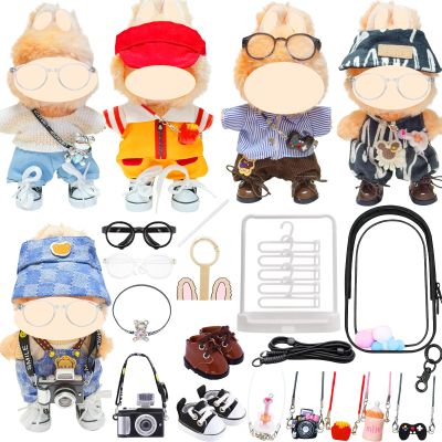 5-Set Cool Boy Clothes Bundle for Doll, Includes 5 Mini Hangs, Large Clear Display Bag with Strap Keychain, 5 Hangers and Rack, Camera, Glasses, Shoes Accessories for Dressing up(No Doll)