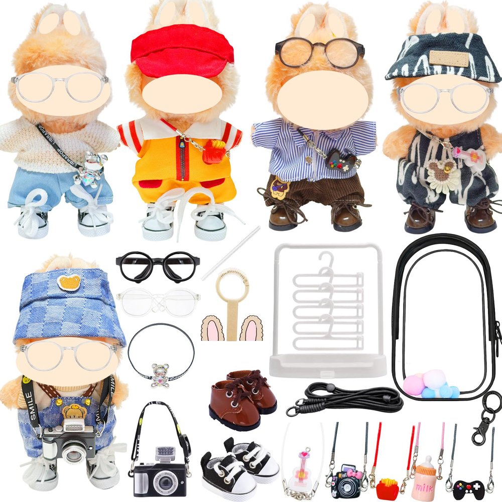 5-Set Cool Boy Clothes Bundle for Doll, Includes 5 Mini Hangs, Large Clear Display Bag with Strap Keychain, 5 Hangers and Rack, Camera, Glasses, Shoes Accessories for Dressing up(No Doll)