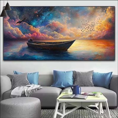 Boat Paint by Numbers for Adults, Lake Paint by Number Acrylic with 3 Brushes, DIY Painting by Numbers for Kits, DIY Canvas Oil Painting Kit for Home Wall Decor Gift (Without Frame) 40x110cm V-675