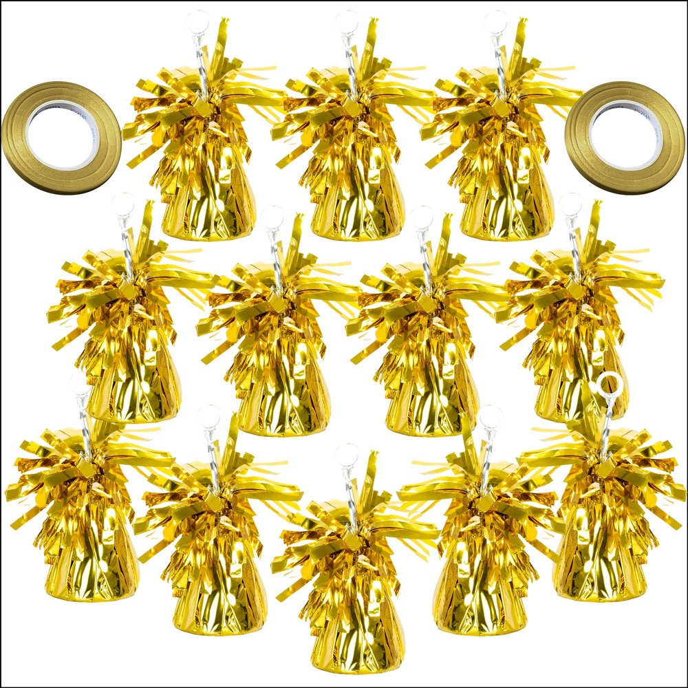 12-Pack Gold Balloon Weights with 5 Roll Gold Crimped Ribbon - Gorgeous Table Centerpiece DIY decorations for Graduations, Family Celebrations, Christmas Parties! Attractive for Any Occasion