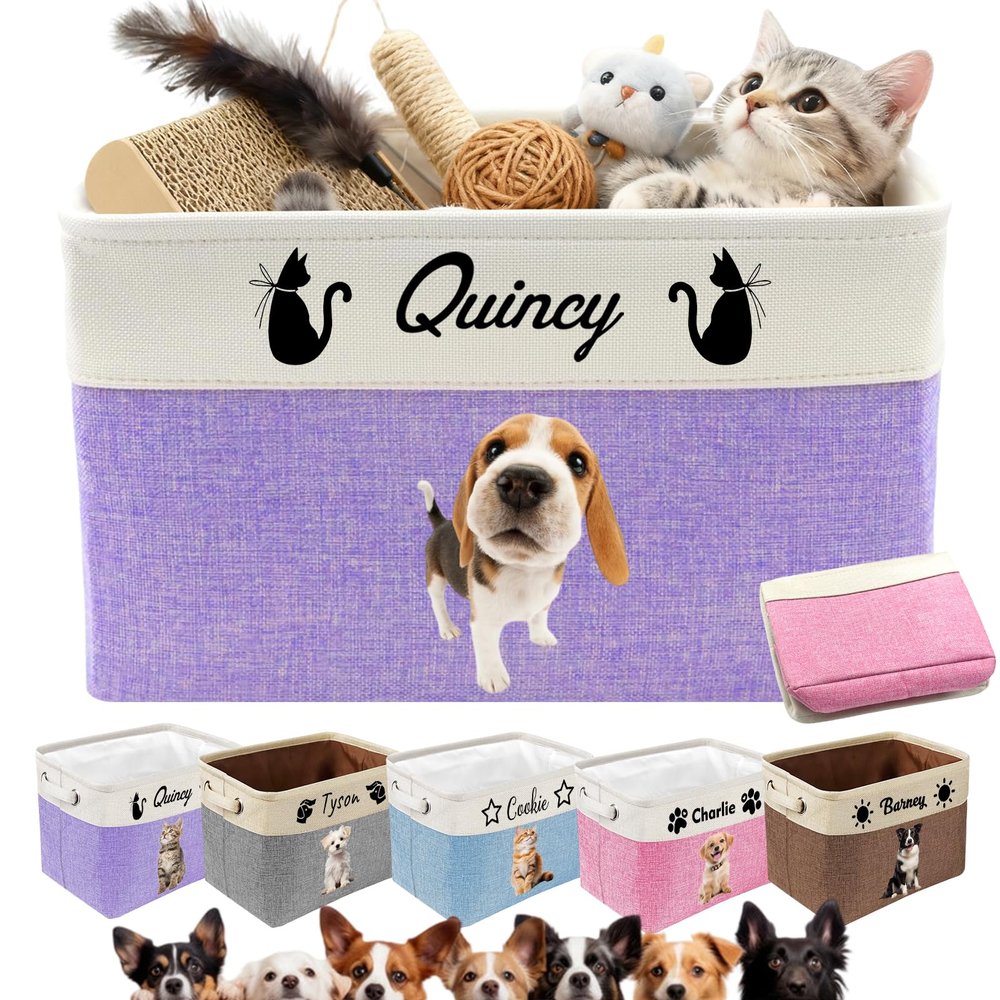 Akmxem Personalized Dog Toy Basket Collapsible Storage Organizer Bin with Custom Pet Name Photo Foldable Canvas Box for Toys, Treats, Leash, Clothes Blankets Portable Handle Design