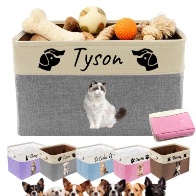 Akmxem Personalized Dog Toy Basket Collapsible Storage Organizer Bin with Custom Pet Name Photo Foldable Canvas Box for Toys, Treats, Leash, Clothes Blankets Portable Handle Design