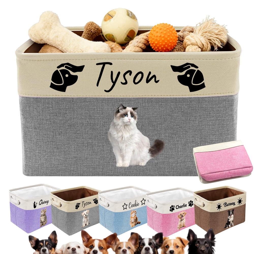 Akmxem Personalized Dog Toy Basket Collapsible Storage Organizer Bin with Custom Pet Name Photo Foldable Canvas Box for Toys, Treats, Leash, Clothes Blankets Portable Handle Design