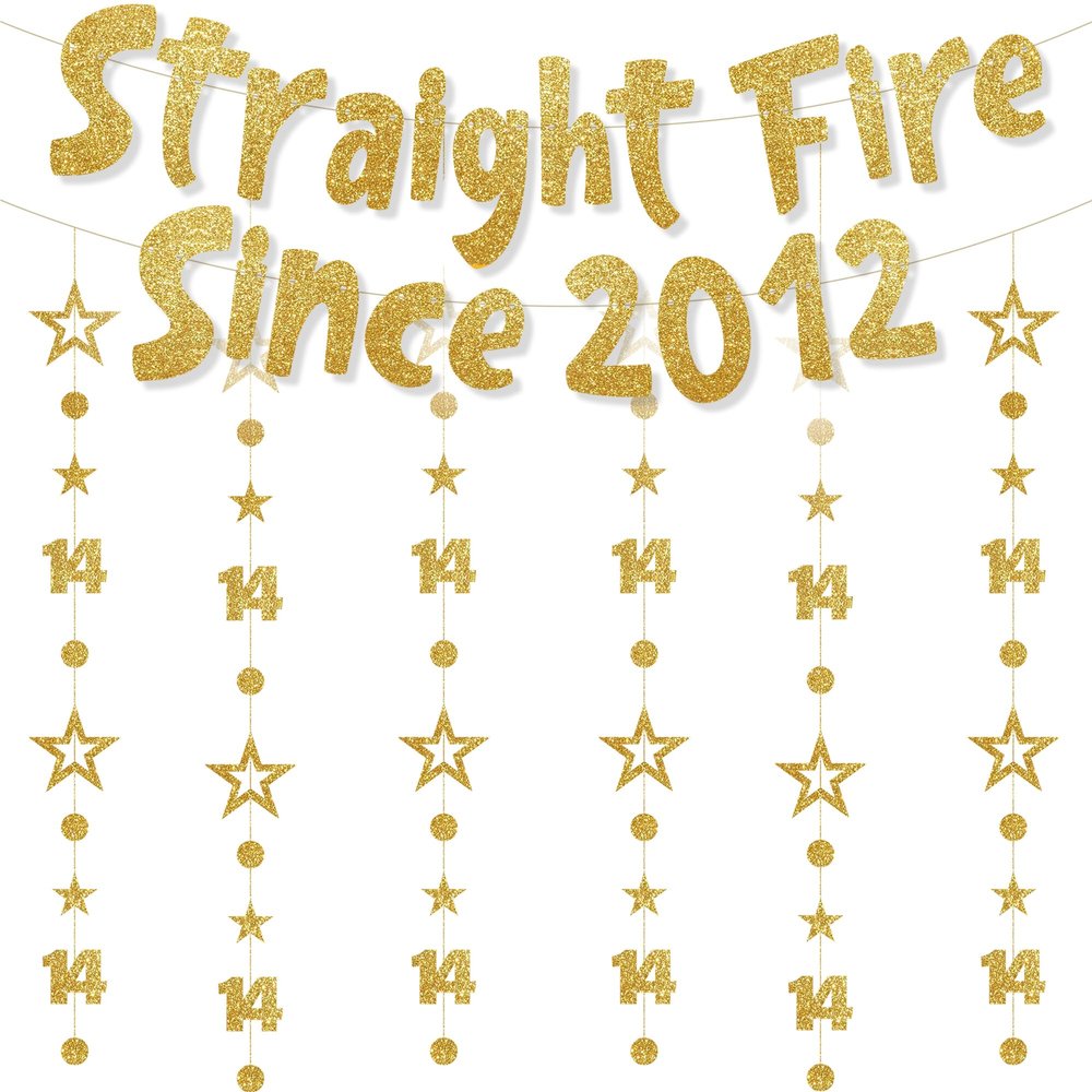 14th Birthday Decorations Girls Boys - 8 Pcs Glitter Gold Banner Garland Twinkle Hanging Streamer for Sweet 14 Years Old Party Door Wall Decor