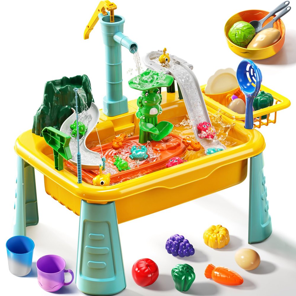 KIZONLY Kids Water Table Play Toy for Toddlers 1-3 4-8 Years Old - Kitchen Sink with Pump and Flowing Water, Fishing Games, Outside Sensory Gift Toys for Boys and Girls 2 3 4 5 6 7 8