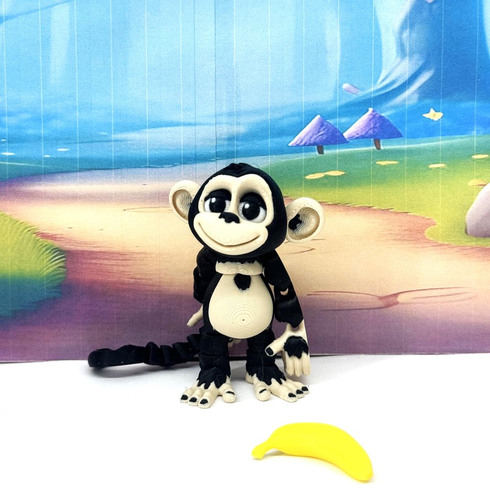 3D Printed Monkey with Banana, 1pc 2.75" Tall Articulated Posable Monkey Animal Toy, Desk Decor AM001-SMALL-NT (Black)