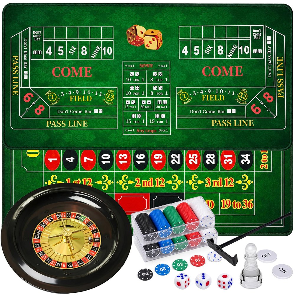 Roulette Wheel Game Set Include 47.2" x 23.6"Rubber Tabletop Layout Mat(Double Sided)10 Inch Roulette Wheel200 Chips Dealer ButtonWin Marker3 DicesChip Rake Casino Game Sets Gift Ideas