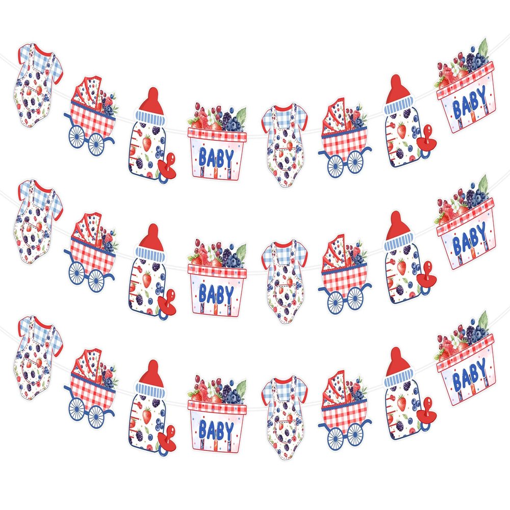 A Berry Sweet Baby is on The Way Banner, 3pcs Berry Baby Shower Paper Garland Decorations Red and Blue Berry Sweet Gender Reveal Party Supplies