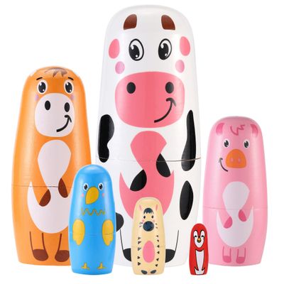 Yoption Farm Animal Nesting Dolls, Handmade Wooden Cute Cow Cattle Pig Chick Horse Bird Matryoshka Dolls for Easter Christmas Birthday Home Decoration