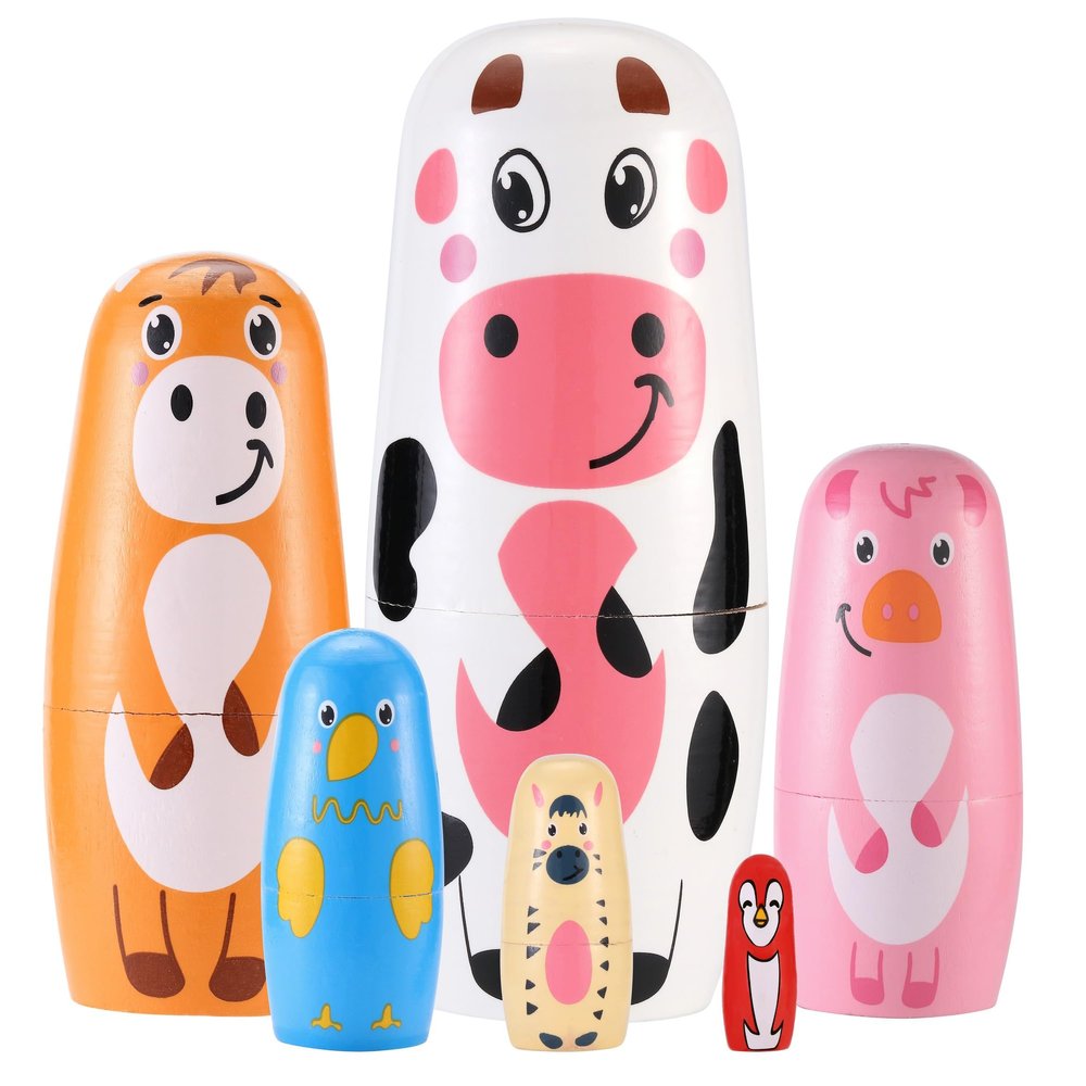 Yoption Farm Animal Nesting Dolls, Handmade Wooden Cute Cow Cattle Pig Chick Horse Bird Matryoshka Dolls for Easter Christmas Birthday Home Decoration
