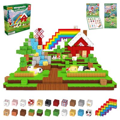 MILENTII 200 PCS Light Up Magnetic Building Blocks for Kids, Green Farm House Building Blocks, STEM Stacking Toys, Magnetic Cubes, Creative Construction Magnet Blocks, Educational Toy Ages 3+