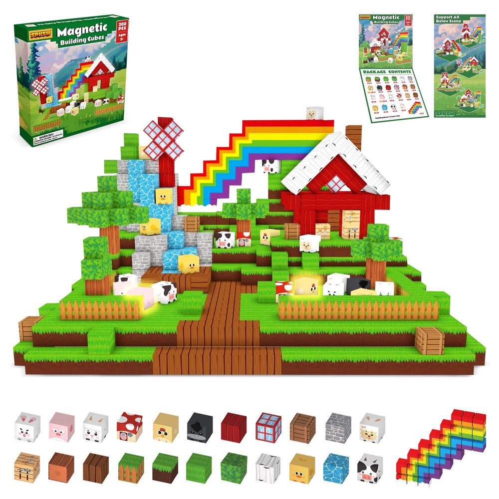 MILENTII 200 PCS Light Up Magnetic Building Blocks for Kids, Green Farm House Building Blocks, STEM Stacking Toys, Magnetic Cubes, Creative Construction Magnet Blocks, Educational Toy Ages 3+