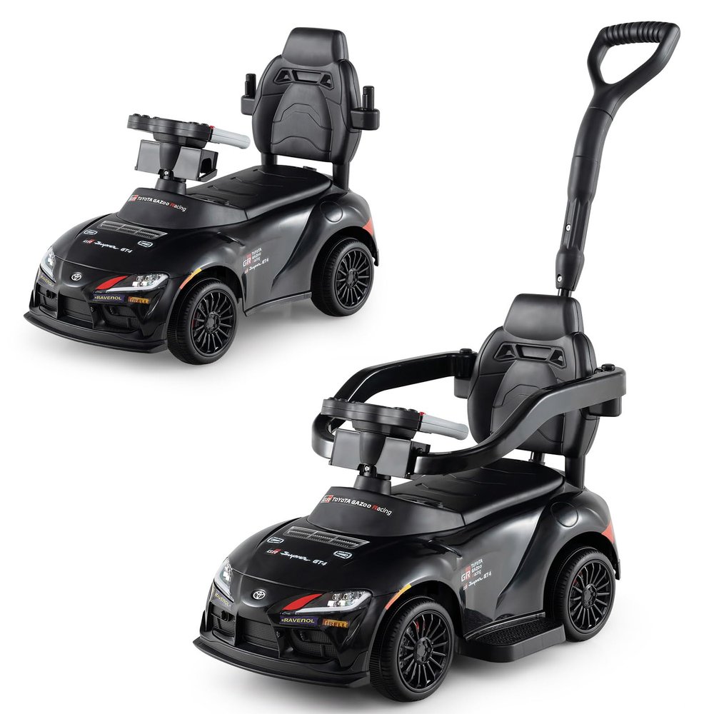 Costzon Push Car for Toddlers, 3 in 1 Toyota Licensed Stroller Sliding Walking Car w/Handle, Music, Safety Guardrail, Under-Seat Storage, Foot-to-Floor Kids Ride On Toys for Boys Girls (Black)