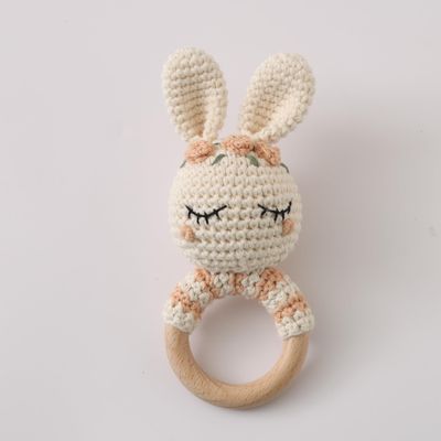 Natural Hand-Knit Wooden Baby Rattle - Soft Animal Shaped Sensory Toy for Newborns, Infants | Safe Beechwood & Crochet Texture | Perfect Baby Shower Gift