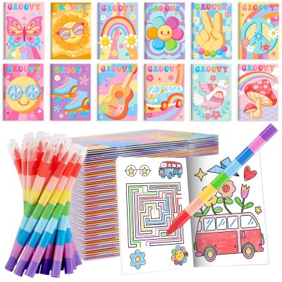 BenLouis 12 Hippie Boho Mini Coloring Books Kids with 12 Stacking Crayons Retro Daisy Party Favors Small Activity Books Bulk for Kids Two Groovy Party Gift Goodie Bag Stuffers