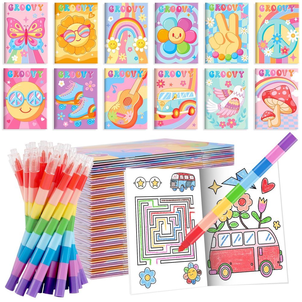 BenLouis 12 Hippie Boho Mini Coloring Books Kids with 12 Stacking Crayons Retro Daisy Party Favors Small Activity Books Bulk for Kids Two Groovy Party Gift Goodie Bag Stuffers