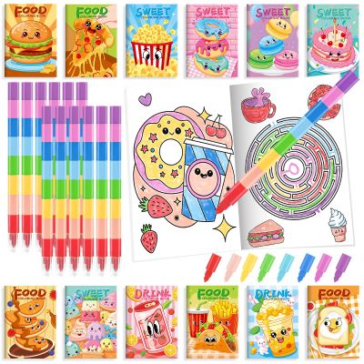 BenLouis 24 Fast Food Mini Coloring Books Kids with 24 Stacking Crayons Snacks Donut Pizza Party Favors Activity Books Bulk for Kids Delicious Fast Food Goodie Bag Gift Stuffer Classroom Reward