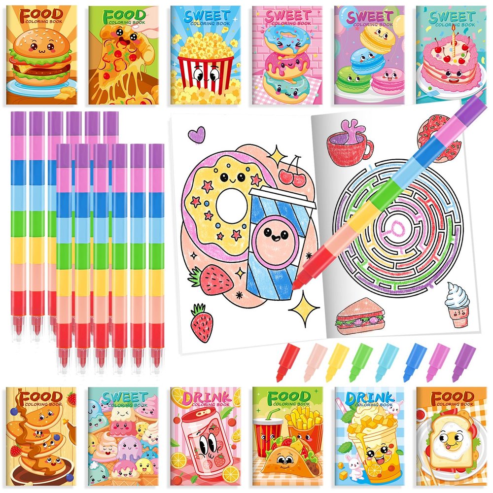 BenLouis 24 Fast Food Mini Coloring Books Kids with 24 Stacking Crayons Snacks Donut Pizza Party Favors Activity Books Bulk for Kids Delicious Fast Food Goodie Bag Gift Stuffer Classroom Reward
