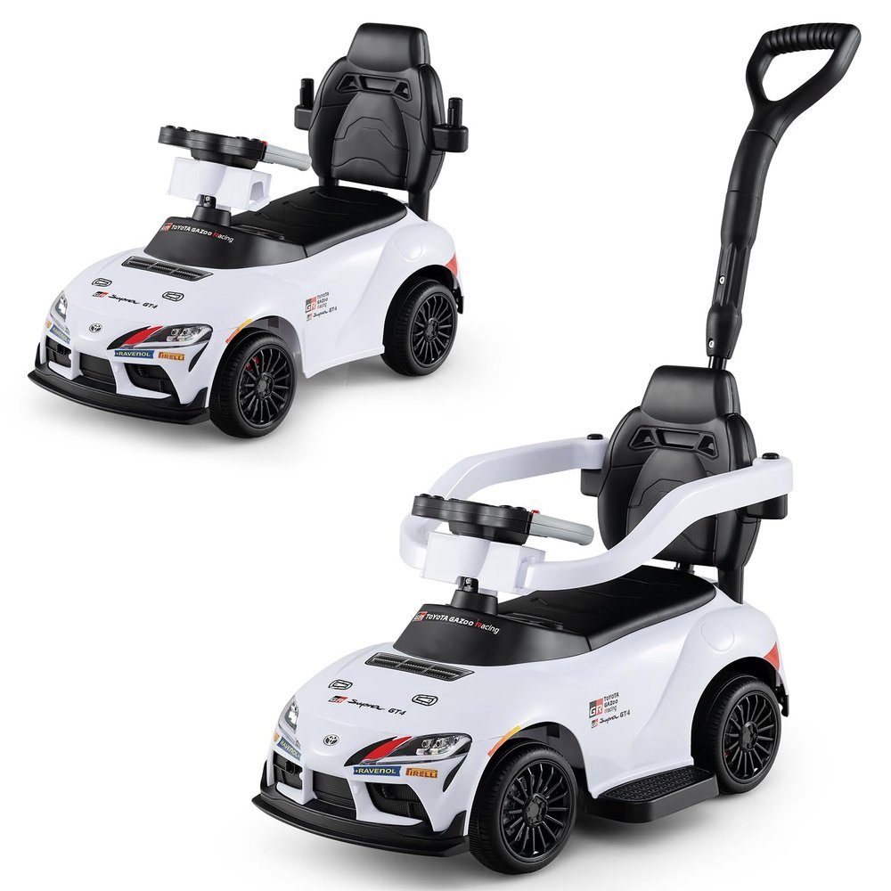 Costzon Push Car for Toddlers, 3 in 1 Toyota Licensed Stroller Sliding Walking Car w/Handle, Music, Safety Guardrail, Under-Seat Storage, Foot-to-Floor Kids Ride On Toys for Boys Girls (White)