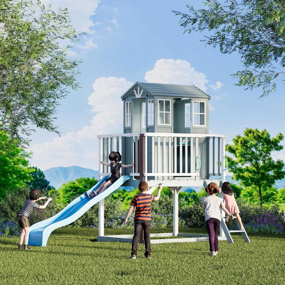 HOMMOW Outdoor Kids Playhouse, Cedar Wooden Outdoor Playhouse with Slide,Growth Chart,Interactive Play Kitchen,Installation Manual and Videos, Blue Grey