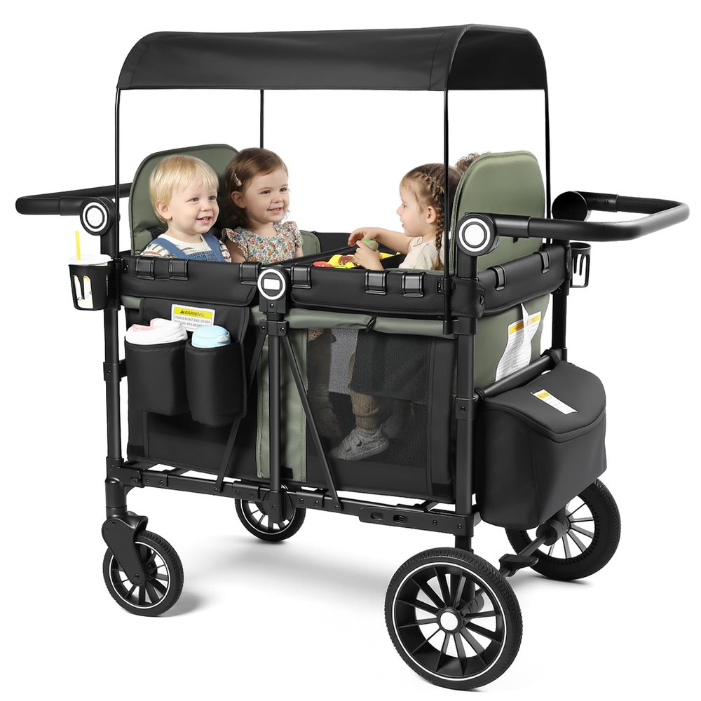Kinder King Wagon Stroller for 4 Kids, All-Terrain Foldable Outdoor Stroller Wagon 4 Seater, Removable Canopy, Adjustable Handle, Shock-Absorbing Wheel, Detachable Tray, Large Storage, Green