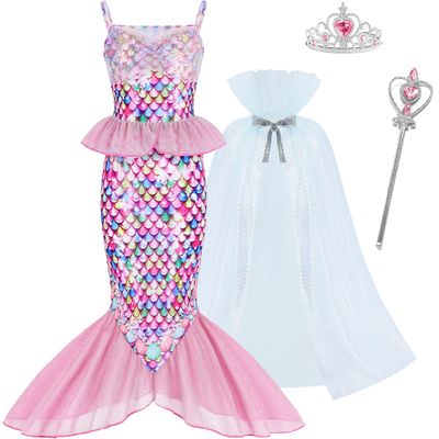 JQGBBOX Pink Mermaid Costume for Girls 3-12Y with Cape, Crown & Scepter, Girls Princess Dress Up Outfit, Kids Halloween Party Costume (9-10Y)