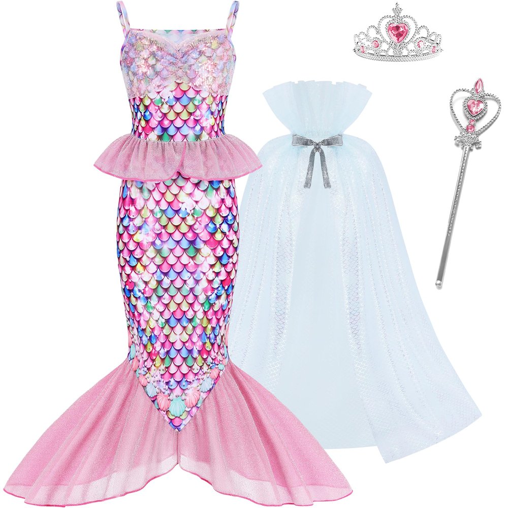 JQGBBOX Pink Mermaid Costume for Girls 3-12Y with Cape, Crown & Scepter, Girls Princess Dress Up Outfit, Kids Halloween Party Costume (9-10Y)