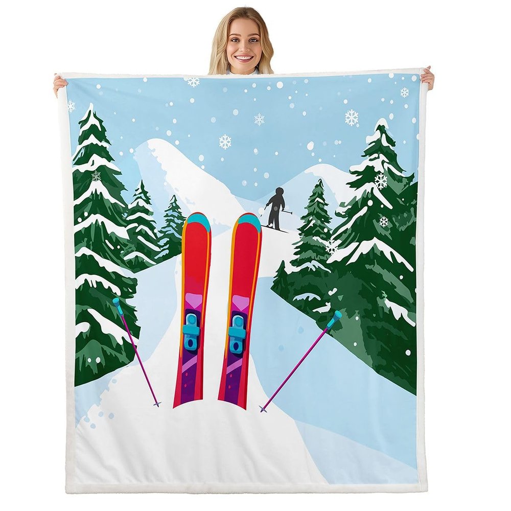 Erosebridal Ski Board Equipment Sherpa Blanket Snow Mountain Skiing Sports Fuzzy Plush Throw Ski Snowboard Fleece Blanket for Kids Boys Girls,Pine Tree Snowflakes Decor for Bed Couch Baby 30"x40"
