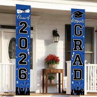 Graduation Decorations 2026 Porch Banner, Graduation Banner Class of 2026, Blue Congrats Grad Decorations for Door and Porch Party Supplies