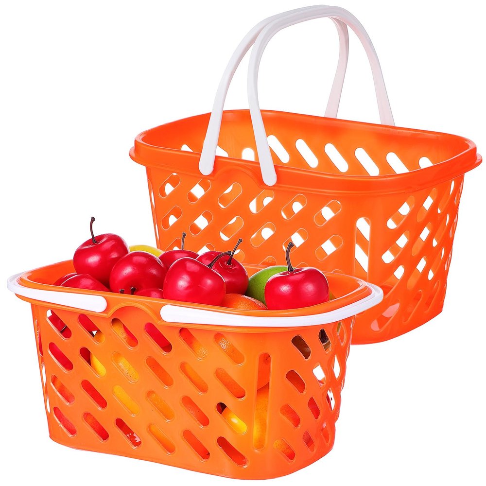 Toddmomy 2pcs Kids Grocery Basket Toy with Handle, Small Plastic Play Shopping Baskets for Pretend Play, Outdoor Or Indoor Use (Orange)
