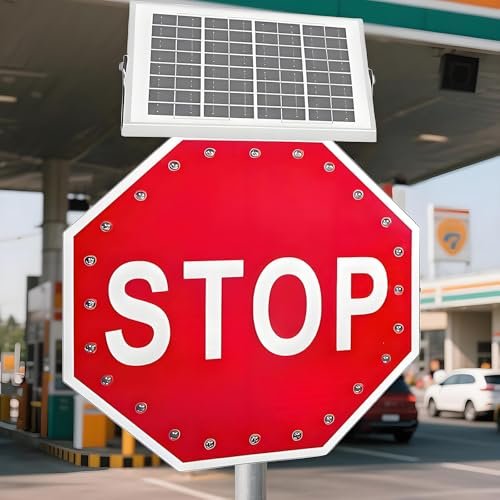 LED Solar Stop Sign, 32" Aluminum Traffic Sign with Engineer Grade Reflective Film, Blinking Street Warning Sign for Enhanced Visibility and Safety