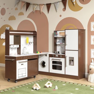 BVIUNTWO Large Play Kitchen Toy Set,Corner Rotatable Kids Kitchen Playset with Real Lights & Sounds,Toy Sink with Running Water,Interactive Role-Play Toy for Multiple Children,Ages 3+,Walnut and White