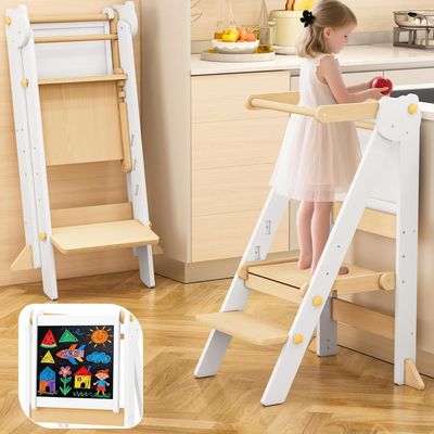 Foldable Toddler Tower, Wooden Toddler Kitchen Stool with 3 Adjustable Heights and Removable White/Blackboard, Montessori Foldable Learning Tower Kitchen Stool, Natural Wood