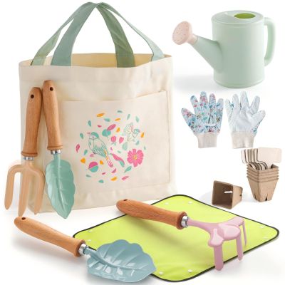 Kids Gardening Set, 9-in-1 Outdoor Toys with Tote Bag, Repotting Mat, Metal Tools (Trowel, Shovel, Fork, Rake), Watering Can & Gloves Toddler Garden Kit Gift for Boys Girls Age 3-7